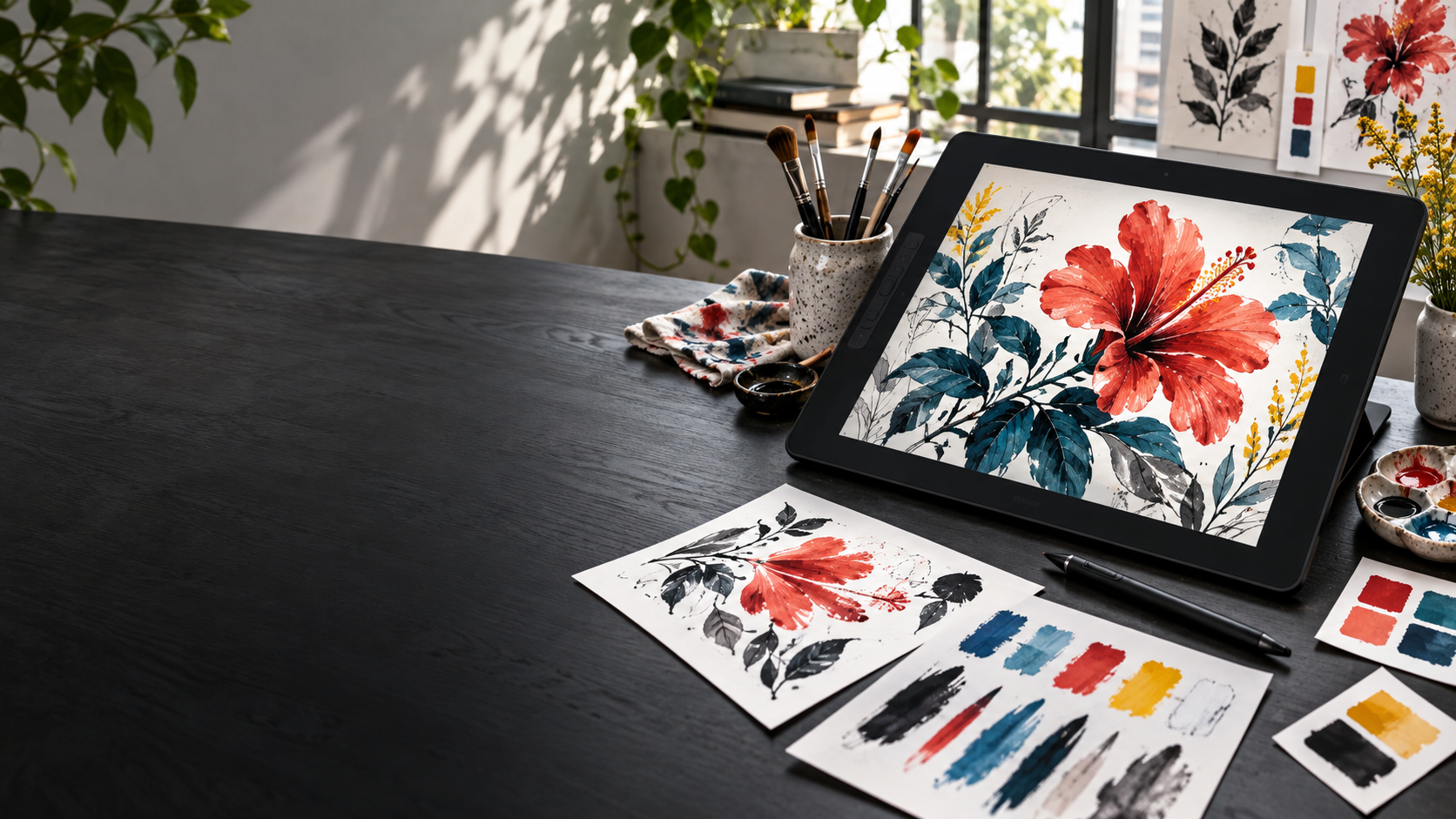 Digital illustration workspace with a drawing tablet and painted botanical artwork